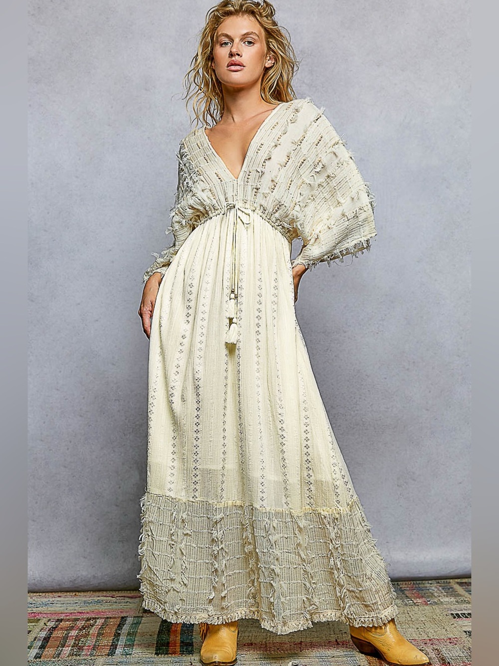 D71. POL Cream Boho V-Neck Maxi Dress with Tassel Tie